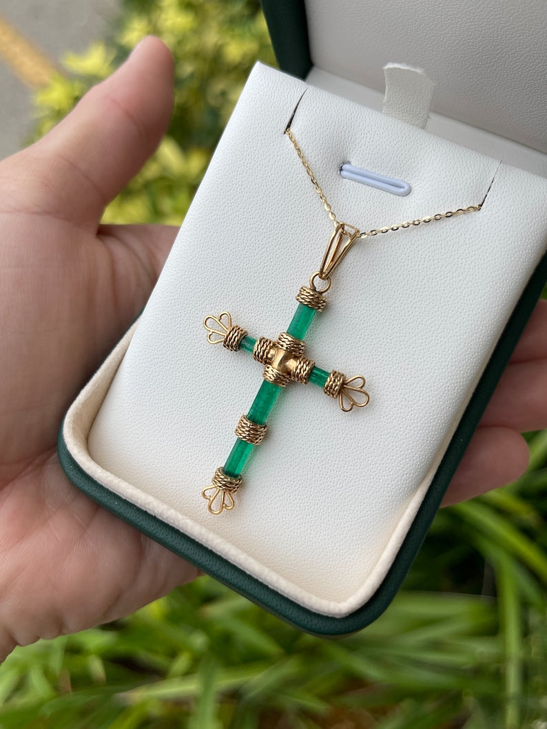 7.69tcw 18K Gold Rough Colombian Emerald Pendant Crystal Cross Pendant - JR Colombian Emeralds