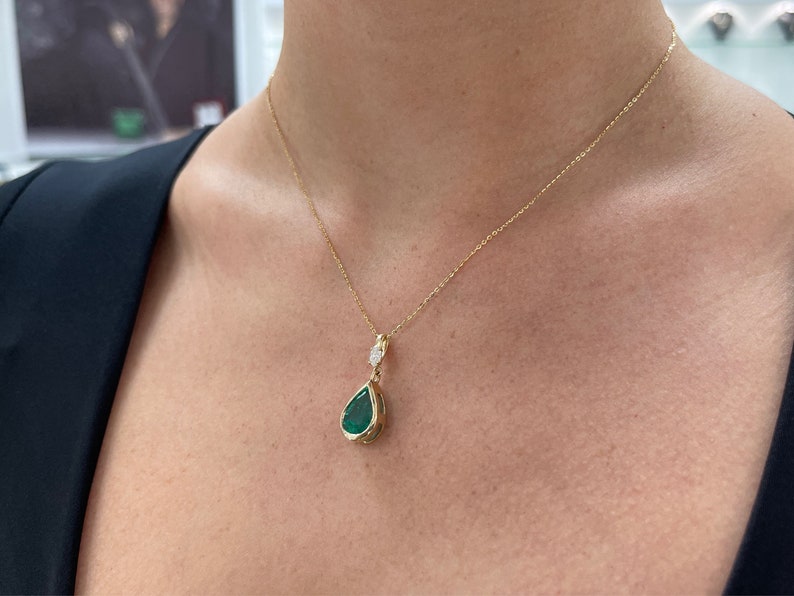 4.35tcw 14K Teardrop Bezel Set Natural Pear Cut Emerald & Marquise Diamond Bail Accent Pendant Necklace