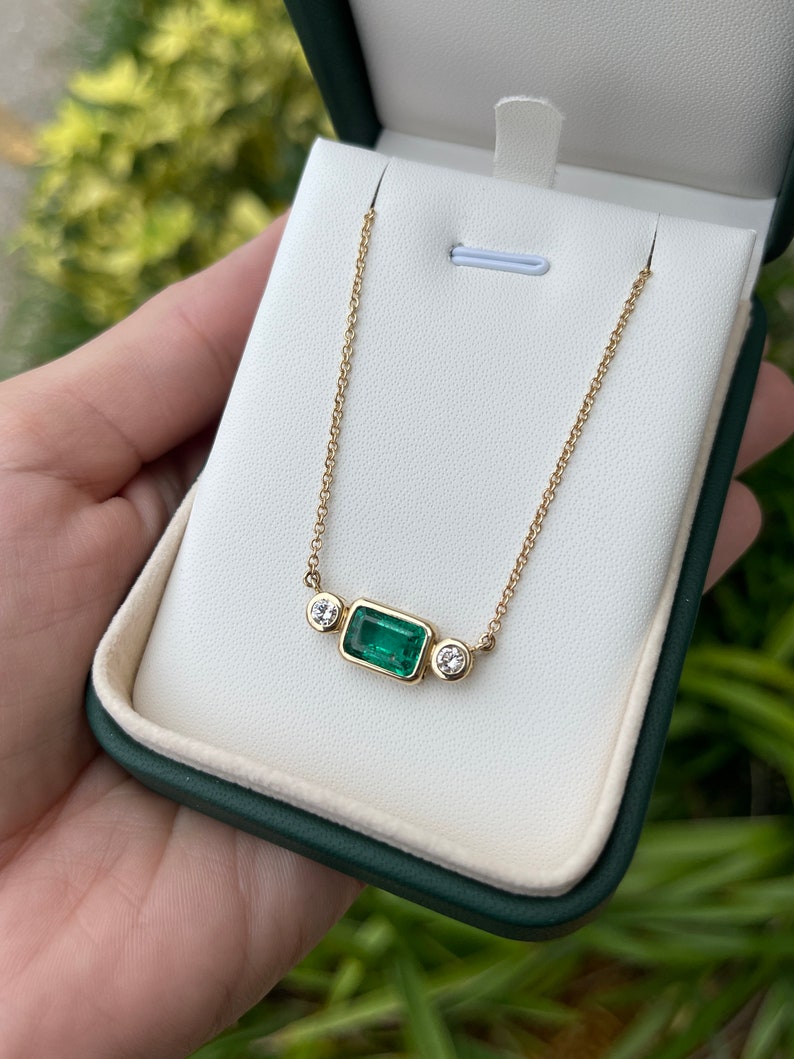 2.77tcw 14K Gold 3 Stone East-West Set Emerald & Round Cut Diamond Side Stones Bezel Necklace - JR Colombian Emeralds