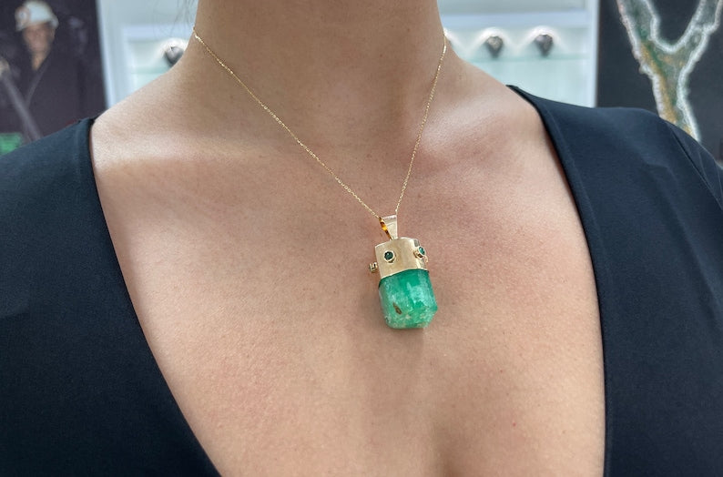 76.40tcw 14K Natural Raw Rough Unique Emerald Medium Green Pendant Necklace