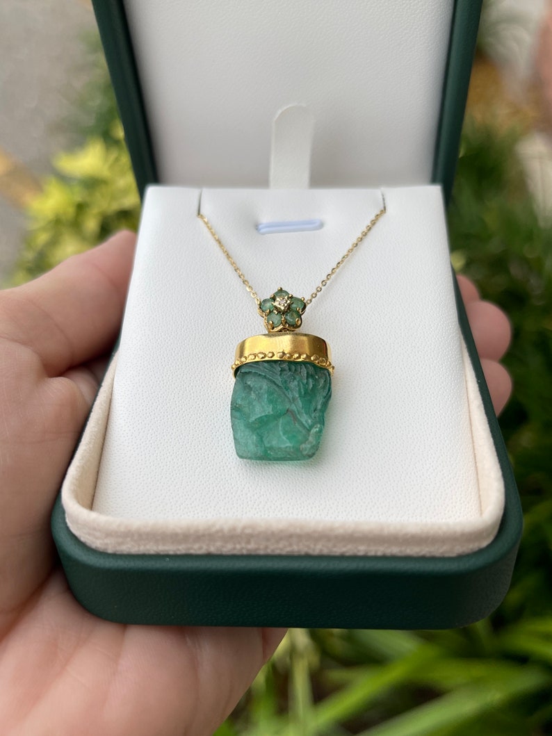 24tcw 14K Gold Raw Hand Carved Face Rough Emerald Crystal May Birthstone Pendant Necklace - JR Colombian Emeralds