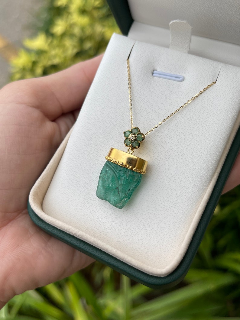 24tcw 14K Gold Raw Hand Carved Face Rough Emerald Crystal May Birthstone Pendant Necklace