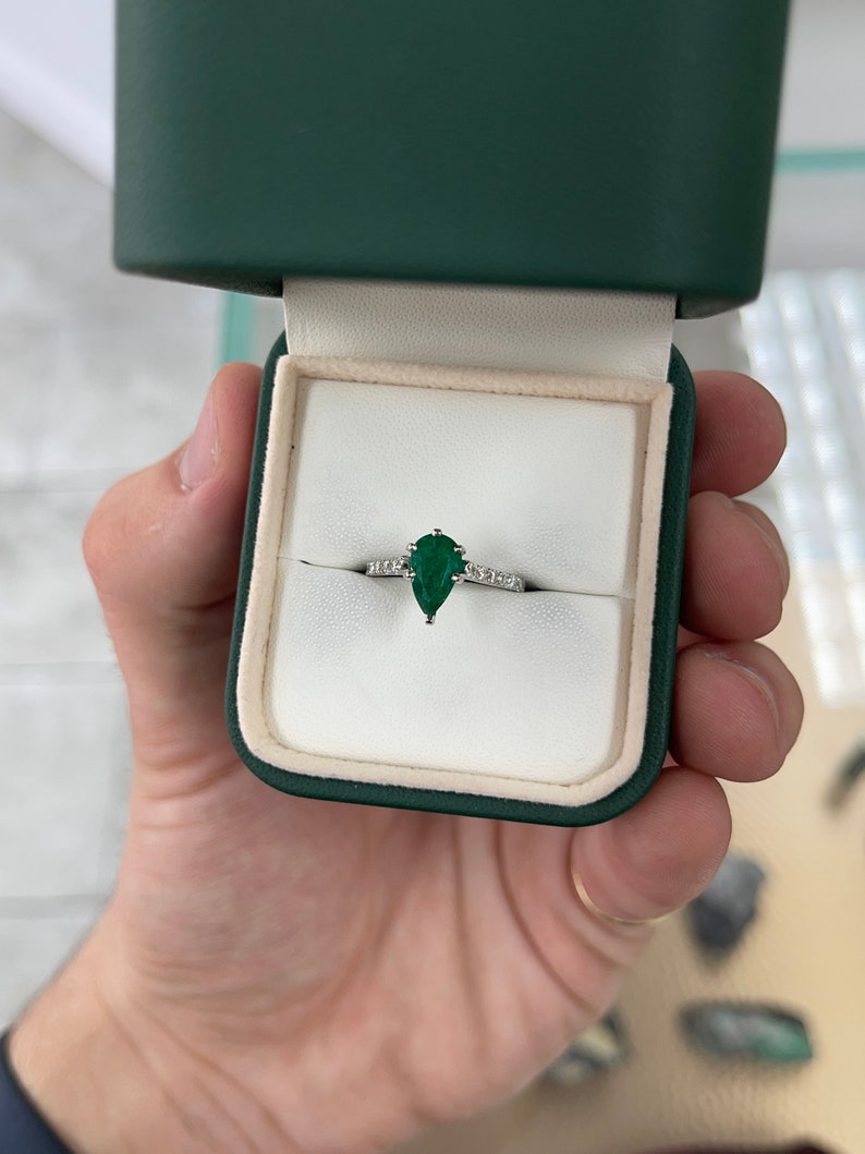 1.08tcw Rich Dark Emerald-Pear Cut & Pave Diamond Five Prong Ring 14K - JR Colombian Emeralds