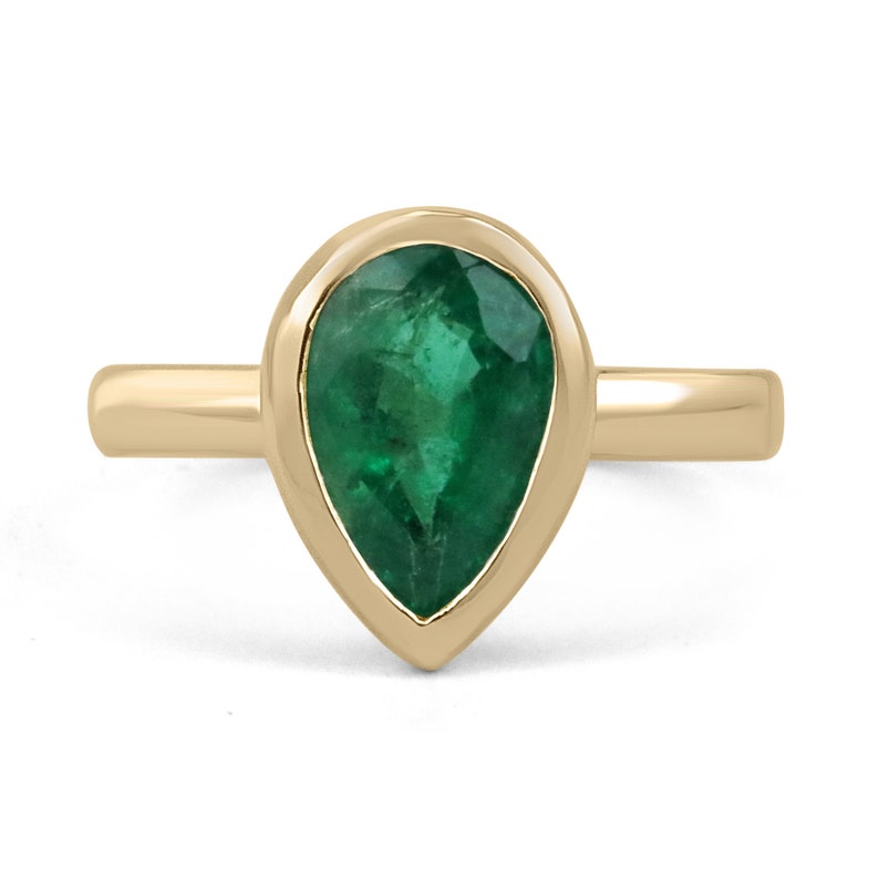 Dark Forest Green Pear Teardrop Emerald Bezel Engagement Ring