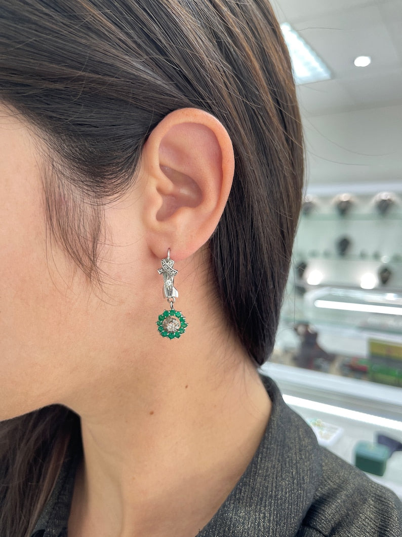 1.07tcw 14K Vintage Dark Vivid Green Round Colombian Emerald Diamond Accent Halo Anniversary Dangle Earrings - JR Colombian Emeralds