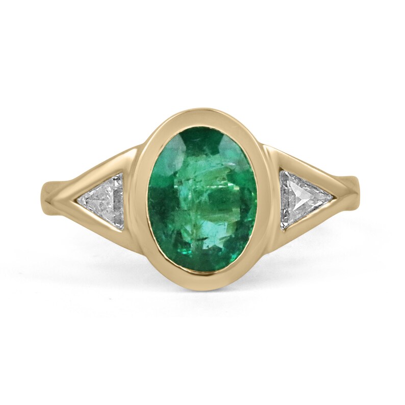 3 Stone Dark Oval Emerald & Trillion Cut Diamond Ring