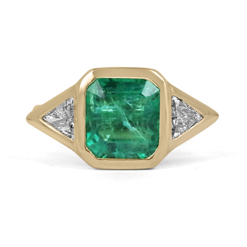 3 Stone Emerald & Trillion Cut Diamond Bezel Ring