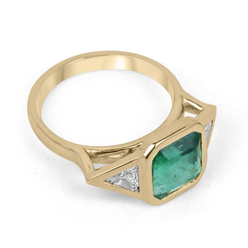 3.66tcw 18K High Quality 3 Stone Emerald & Trillion Cut Diamond Bezel Ring - JR Colombian Emeralds