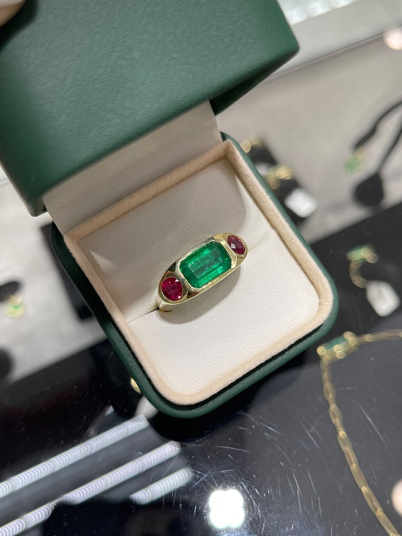 4.83tcw 18K 3 Stone Horizontal Emerald & Round Ruby Gypsy Bezel Ring