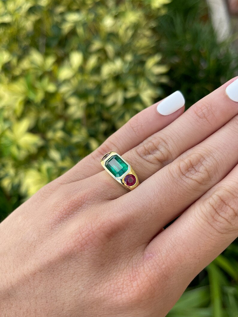 Emerald & Round Ruby Gypsy Bezel Ring