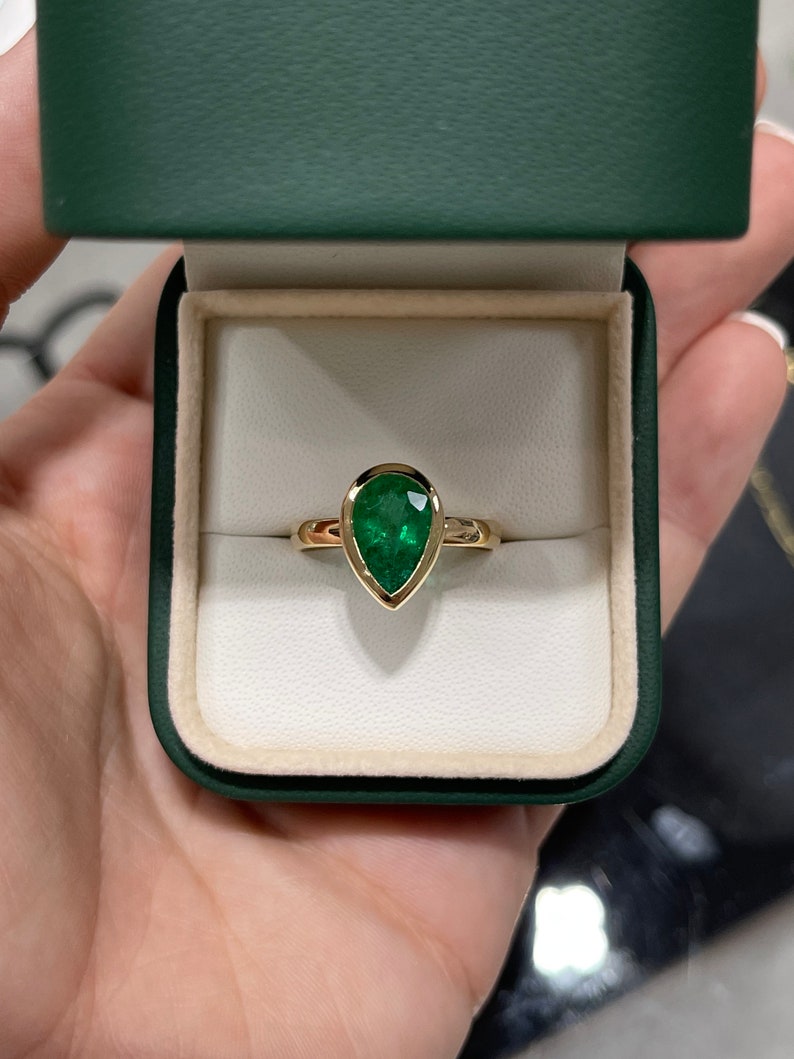 2.40ct 14k Dark Forest Green Pear Teardrop Emerald Bezel Solitaire Engagement Ring - JR Colombian Emeralds