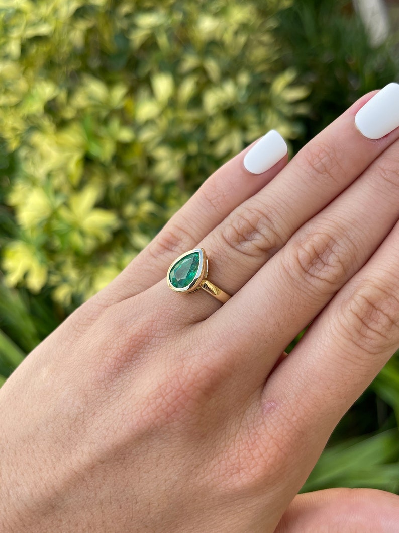 2.40ct 14k Dark Forest Green Pear Teardrop Emerald Bezel Solitaire Engagement Ring - JR Colombian Emeralds