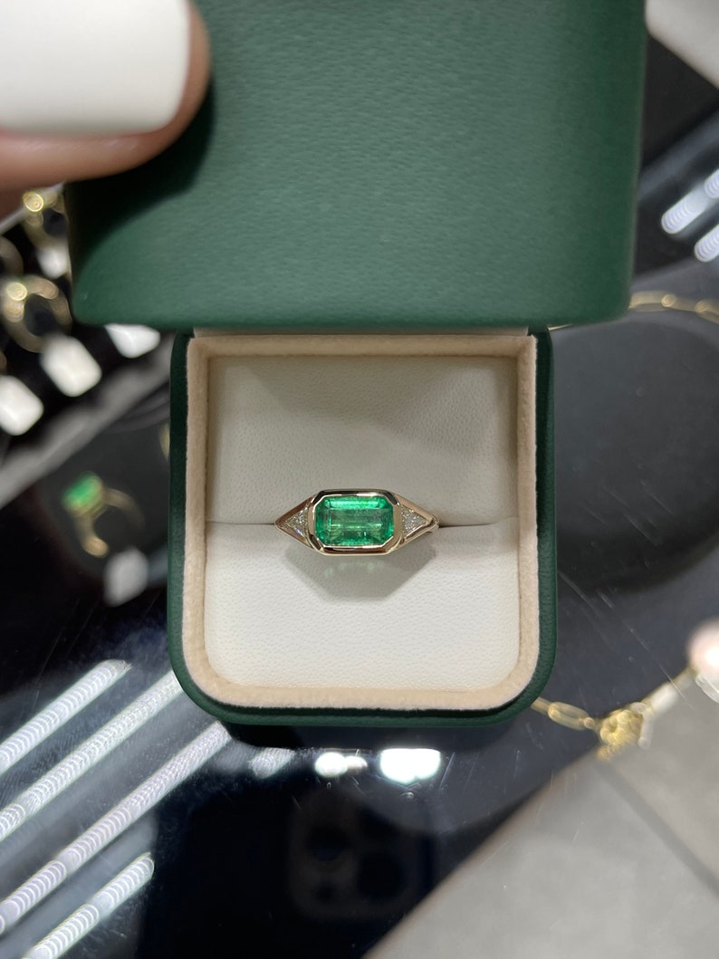 2.62tcw 14K Three Stone East-West Natural Emerald & Trillion Cut Diamond Ring - JR Colombian Emeralds