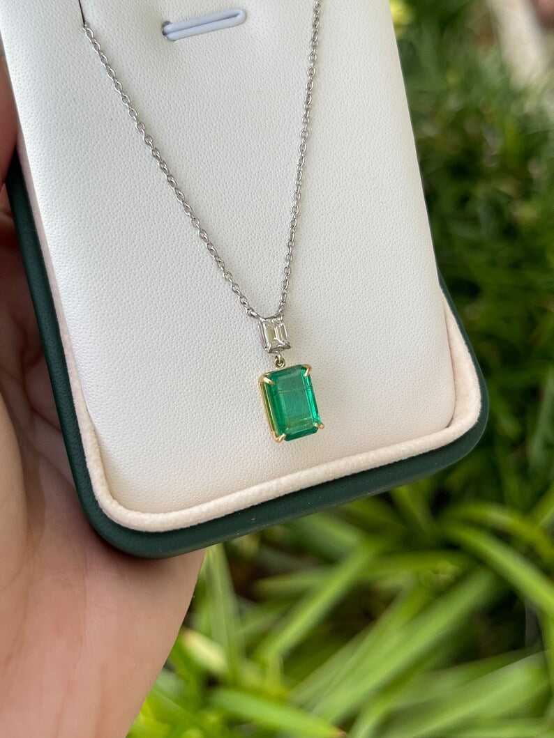 3.13tcw Genuine Dark Strong Green Emerald Cut Diamond Two-Toned Gold Necklace - JR Colombian Emeralds