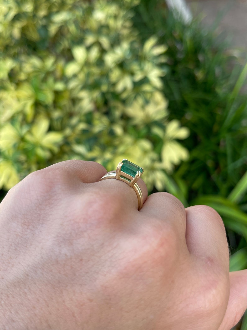 2.68ct 18K Real Emerald Cut East to West Medium Yellowish-Green Double Claw Prong Solitaire Gold Split Shank Ring - JR Colombian Emeralds