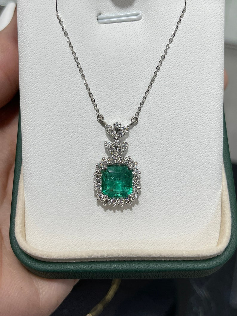 5.58tcw 18K Natural Bluish-Green Emerald-Asscher Cut & Diamond Halo White Gold Necklace - JR Colombian Emeralds