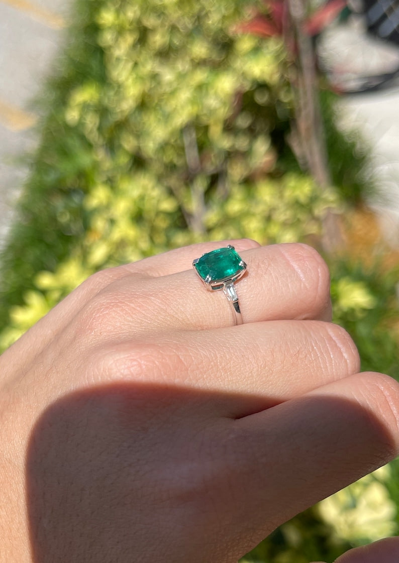 2.82tcw 14K 3 Stone Earth Mined Cushion Cut Blue Green Emerald & Diamond Baguette Engagement Ring - JR Colombian Emeralds