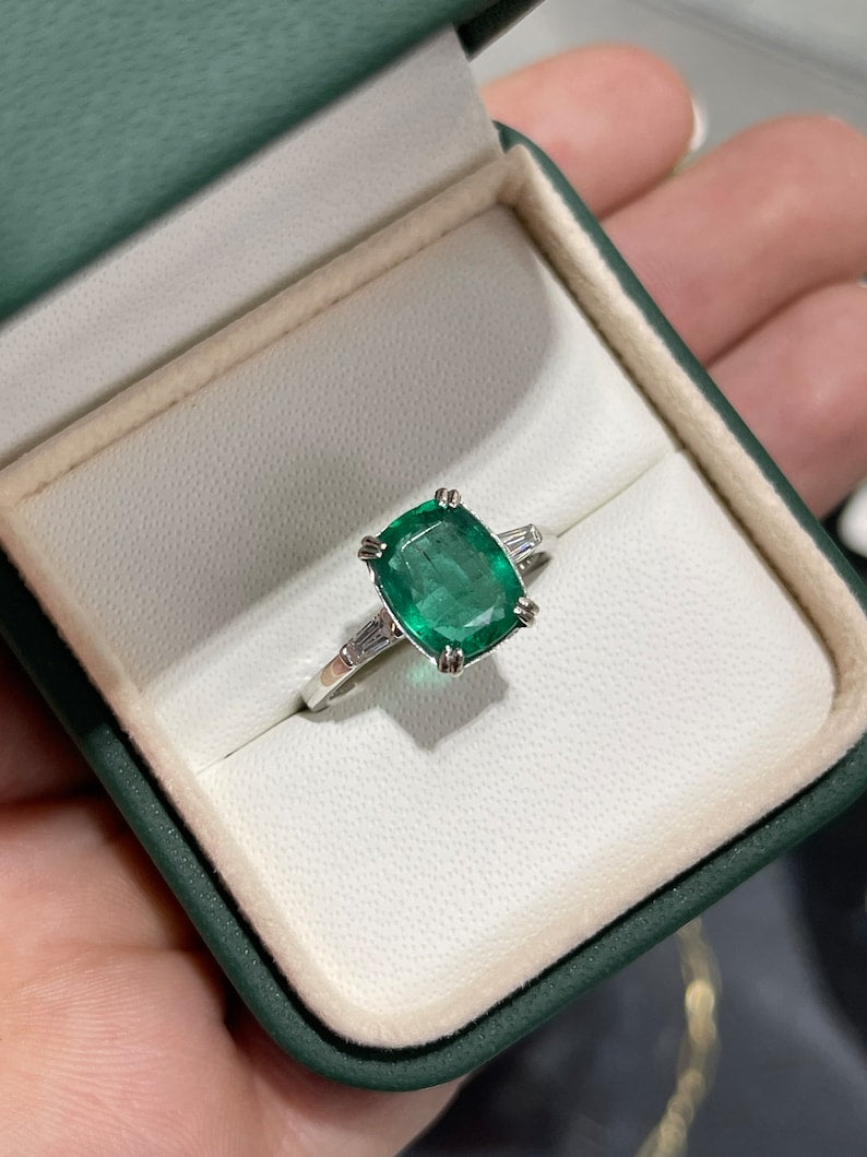 2.82tcw 14K 3 Stone Earth Mined Cushion Cut Blue Green Emerald & Diamond Baguette Engagement Ring - JR Colombian Emeralds