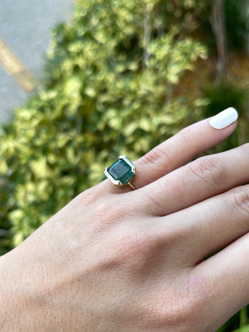 6.63ct 14K Deep Sea Bluish-Green Large Natural Emerald-Asscher Cut Solitaire Gold Ring - JR Colombian Emeralds