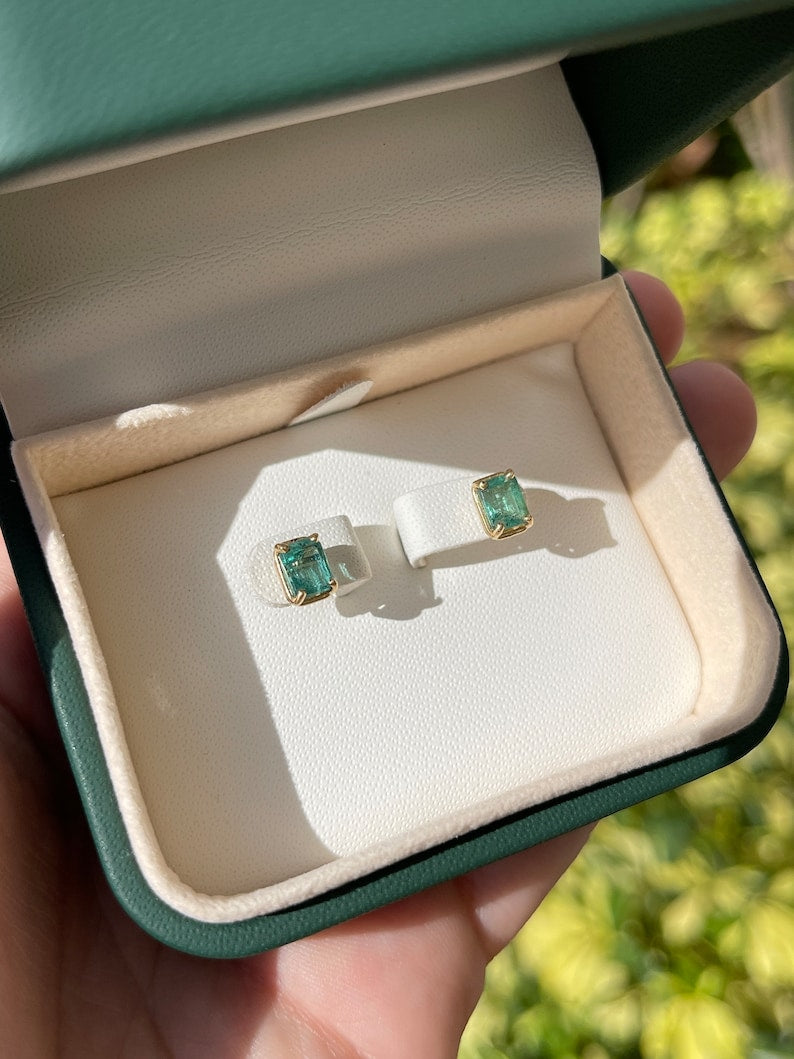 1.85tcw 14K Gold Natural Emerald Cut May Birthstone Stud Earrings - JR Colombian Emeralds