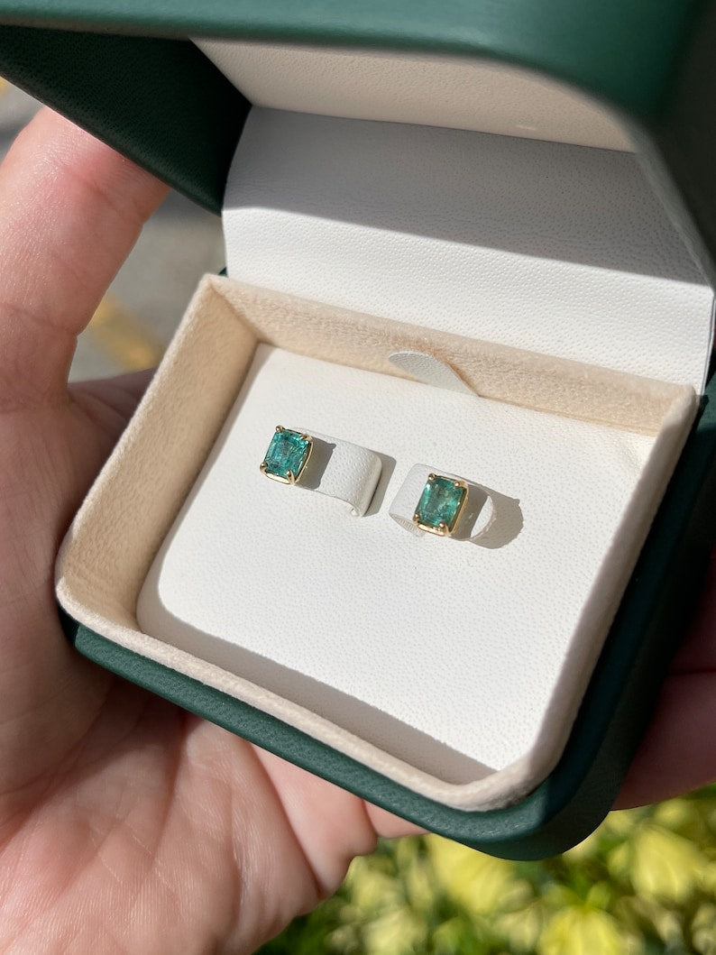 1.85tcw 14K Gold Natural Emerald Cut May Birthstone Stud Earrings - JR Colombian Emeralds