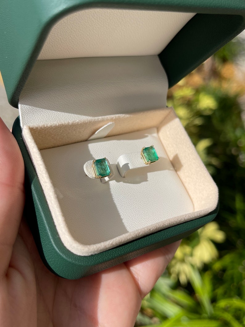 1.89tcw Natural Emerald Cut May Birthstone Stud Earrings 14K - JR Colombian Emeralds