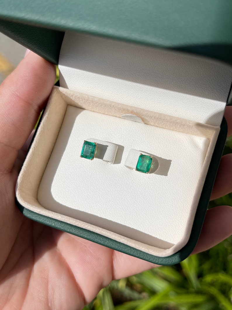 1.89tcw Natural Emerald Cut May Birthstone Stud Earrings 14K - JR Colombian Emeralds