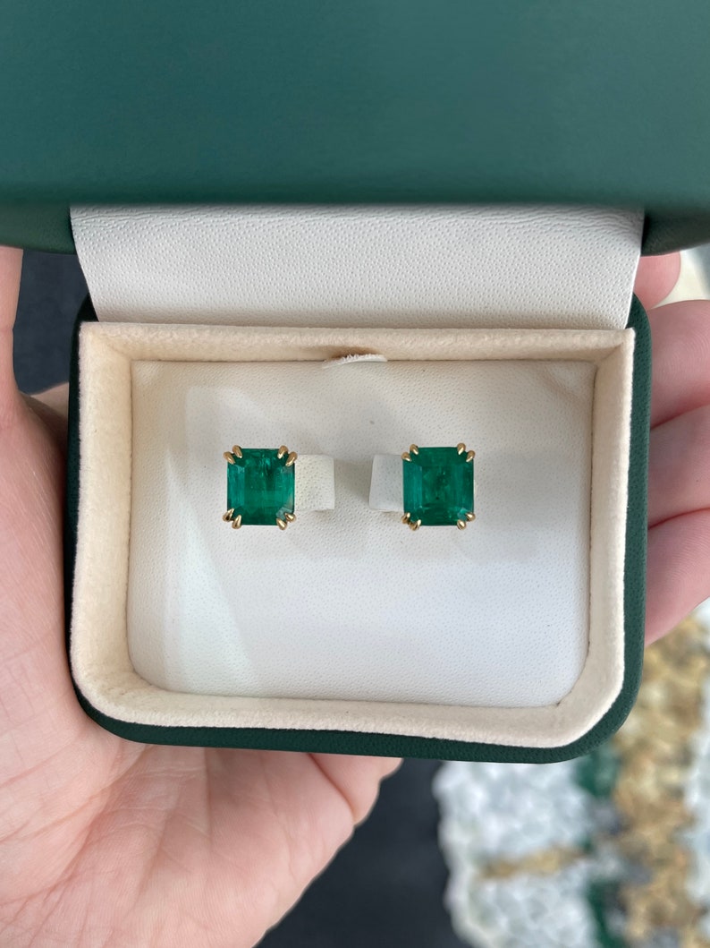 6.31tcw 18K AAA+ Grade Colombian Emerald Cut Double Claw Prong Fine Quality Dark Vivid Green Stud Earrings
