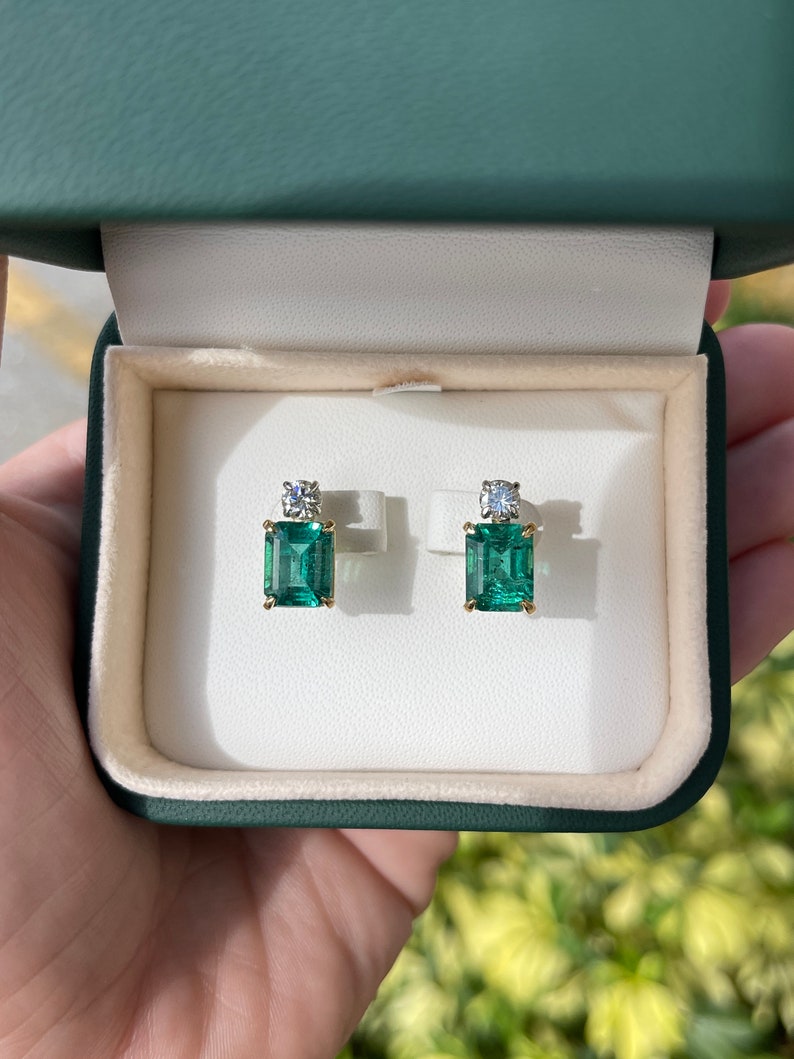 Vivid Sea Deep Bluish-Green Emerald Stud Two Toned Earring