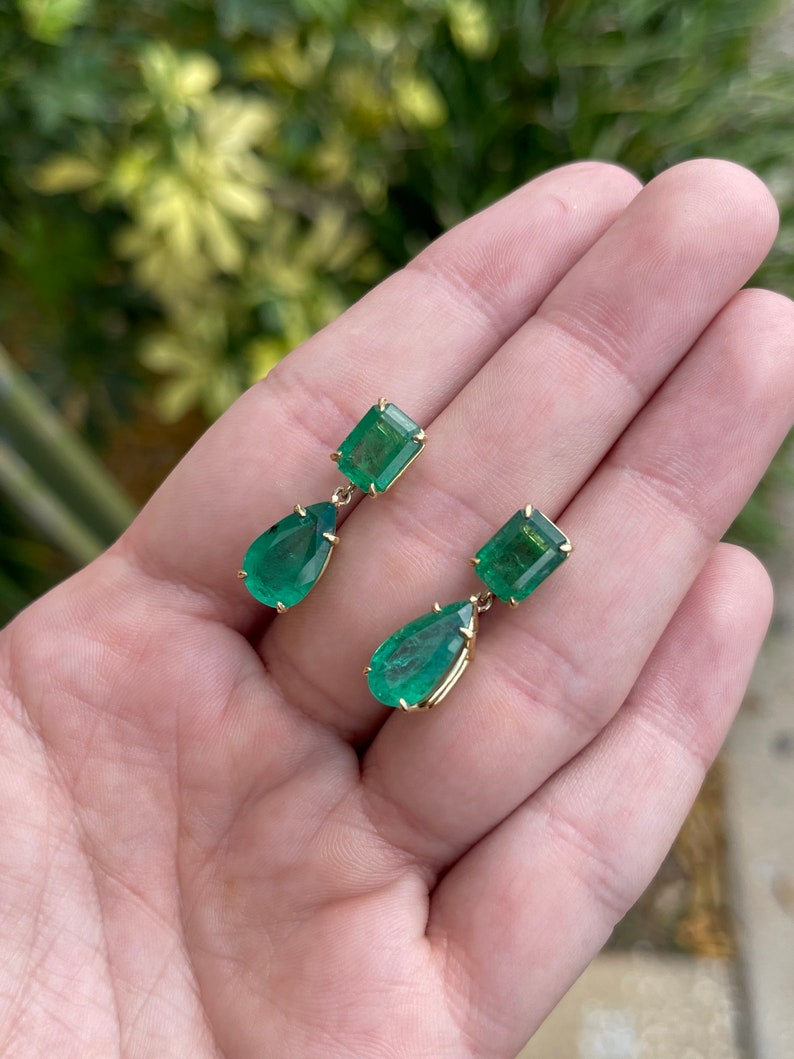 11.26tcw 18K Real Dark Vivid Green Emerald & Pear Cut Dangle Earrings