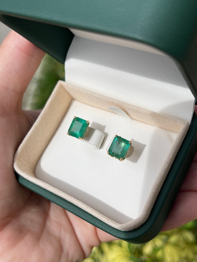 6.0tcw Big Asscher Cut Rich Green Classic Emerald Solitaire May Birthstone Earrings 14K - JR Colombian Emeralds