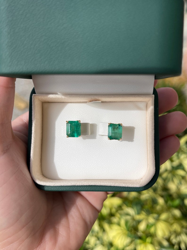 6.0tcw Big Asscher Cut Rich Green Classic Emerald Solitaire May Birthstone Earrings 14K - JR Colombian Emeralds