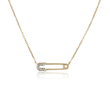 Diamond Solid Gold Safety Pin Pendant Necklace