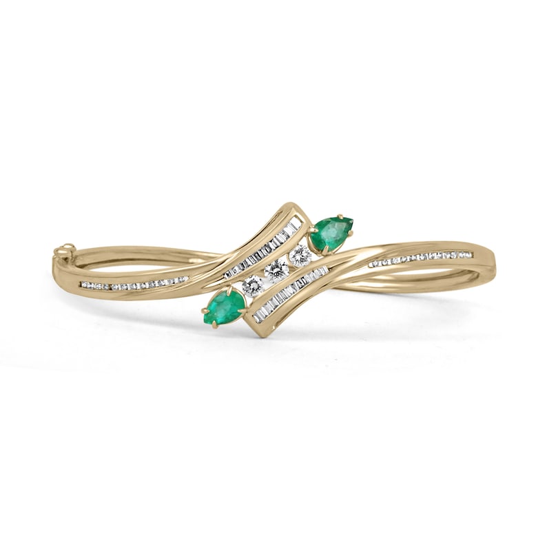 1.95tcw 14K Medium Yellowish Green Emerald Round Cut Triple Diamond Accent Bangle Bracelet