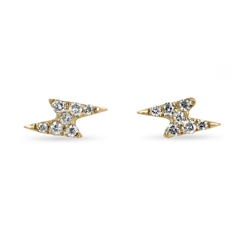 14K Natural Diamond Solid Gold Pave Set Trendy Modern Lightning Bolt Stud Earrings