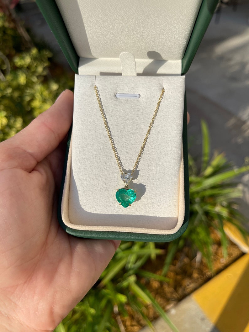 4.20tcw 18K Fine Quality Natural Heart Emerald & Diamond 2 Stone Dangle Necklace