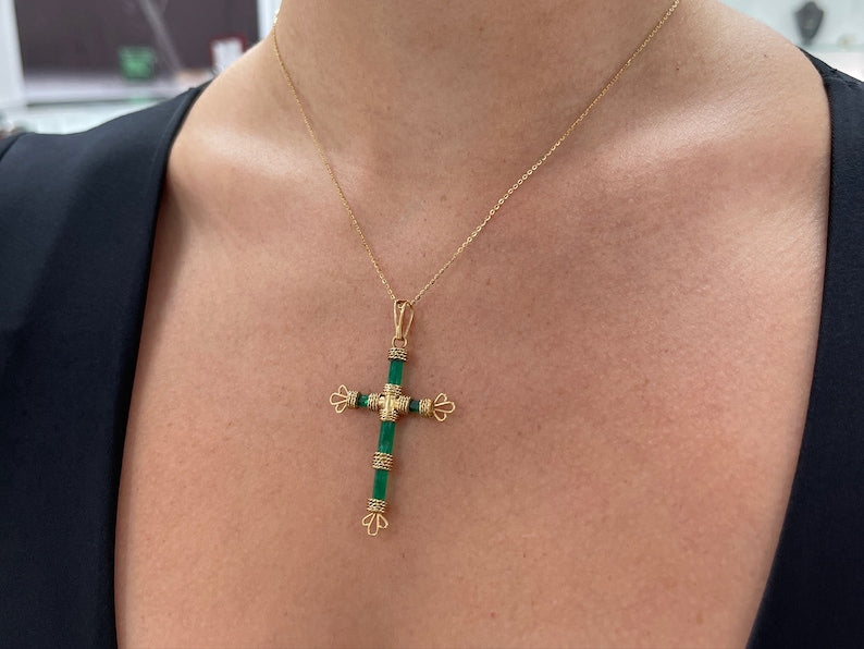 7.69tcw 18K Gold Rough Colombian Emerald Pendant Crystal Cross Pendant - JR Colombian Emeralds