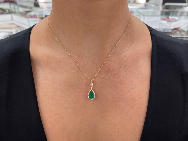 4.35tcw 14K Teardrop Bezel Set Natural Pear Cut Emerald & Marquise Diamond Bail Accent Pendant Necklace - JR Colombian Emeralds