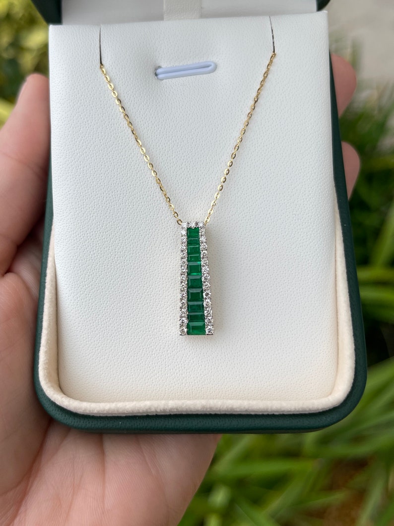 1.53tcw 14K Geometric Natural Baguette Channel Set Emerald Brilliant Round Diamond Gold Pendant - JR Colombian Emeralds