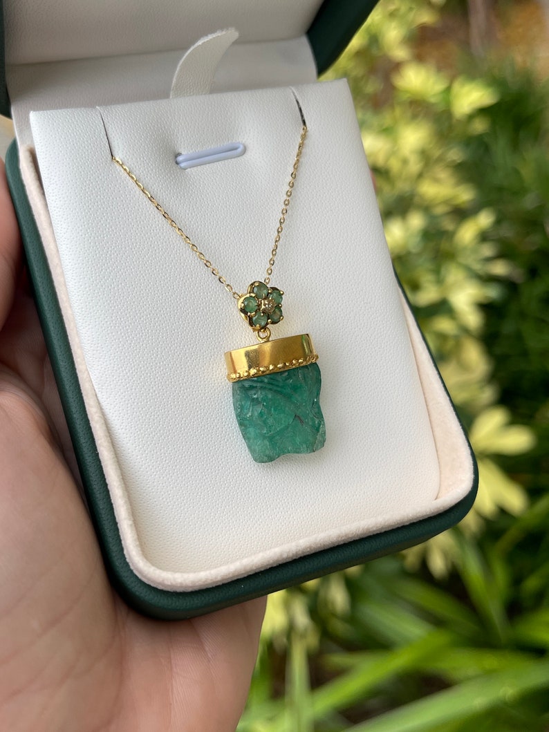 24tcw 14K Gold Raw Hand Carved Face Rough Emerald Crystal May Birthstone Pendant Necklace