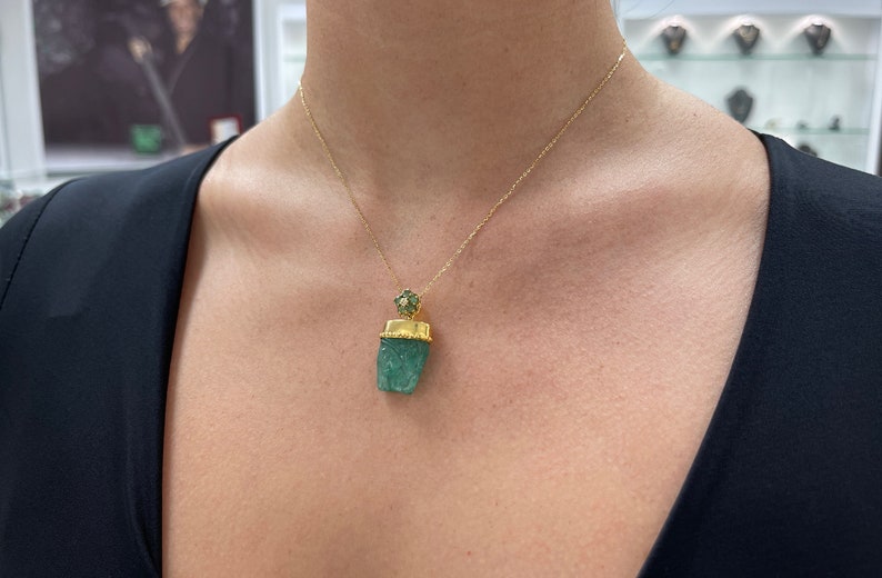 24tcw 14K Gold Raw Hand Carved Face Rough Emerald Crystal May Birthstone Pendant Necklace - JR Colombian Emeralds