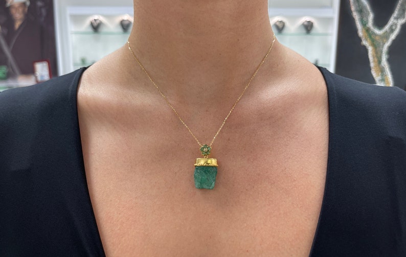 24tcw 14K Gold Raw Hand Carved Face Rough Emerald Crystal May Birthstone Pendant Necklace - JR Colombian Emeralds