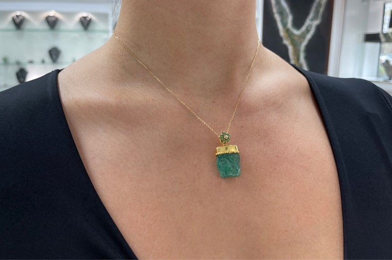 24tcw 14K Gold Raw Hand Carved Face Rough Emerald Crystal May Birthstone Pendant Necklace - JR Colombian Emeralds