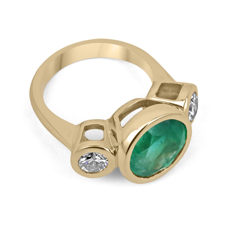 Emerald and Round Diamond Three Stone Gold Ring