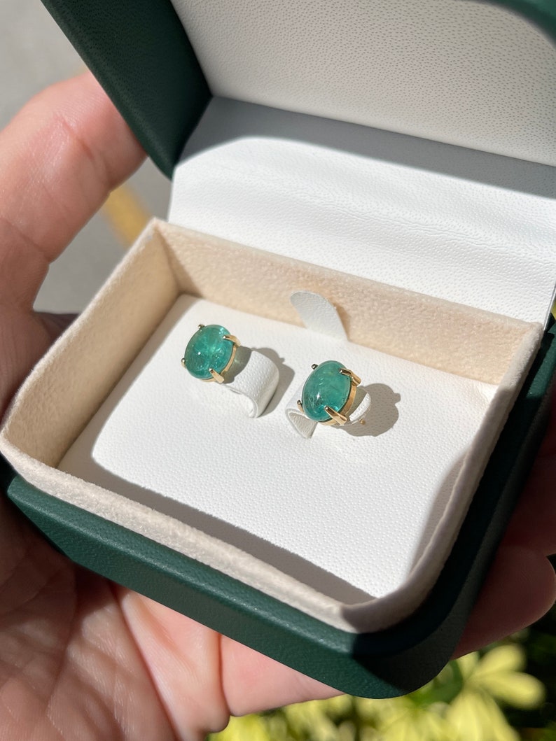 4.34tcw 14K Oval Cut Cabochon Deep Bluish Green Natural Emerald Four Prong Solitaire Stud Earrings