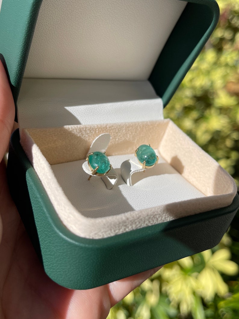 4.34tcw 14K Oval Cut Cabochon Deep Bluish Green Natural Emerald Four Prong Solitaire Stud Earrings - JR Colombian Emeralds