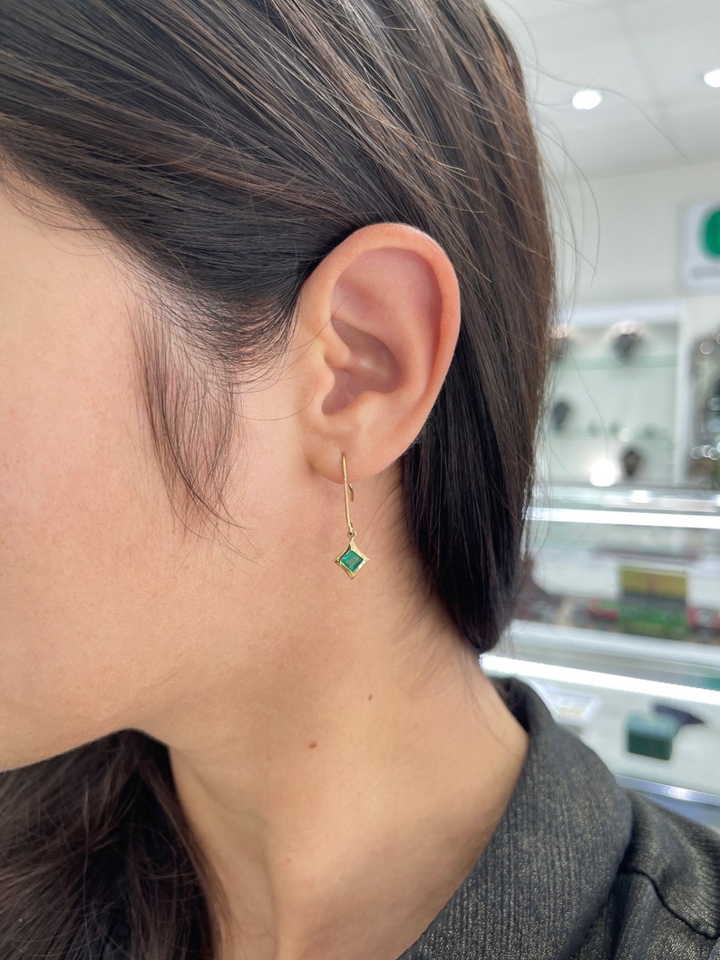 0.90tcw 14K Vivid Yellowish Green Emerald Asscher Cut Solitaire Dainty Solid Gold Dangle Earrings