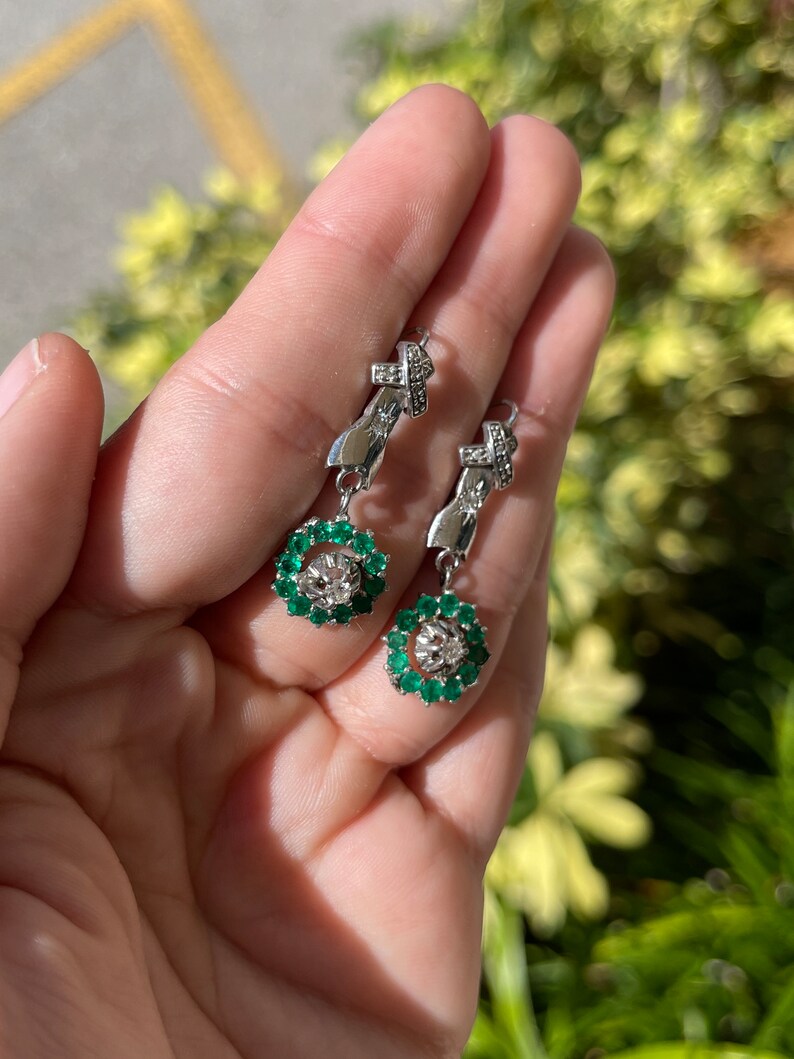 1.07tcw 14K Vintage Dark Vivid Green Round Colombian Emerald Diamond Accent Halo Anniversary Dangle Earrings - JR Colombian Emeralds