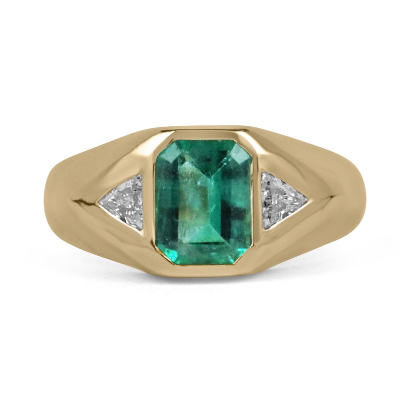 3 Stone Green Emerald & Trillion Cut Diamond Gypsy Signet Ring