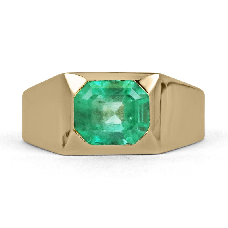 Emerald Unisex Asscher Cut Solitaire Bold Bezel Gypsy Ring